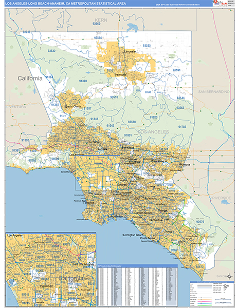 Los Angeles-Long Beach-Anaheim Metro Area Wall Map Basic Style